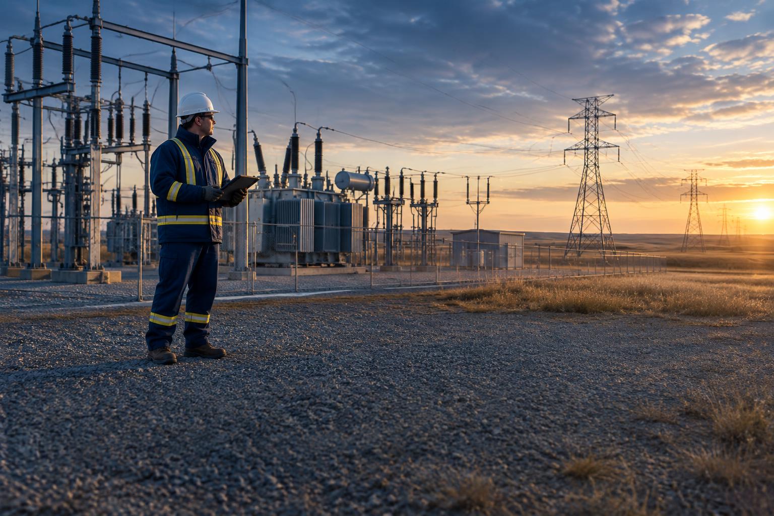 A utility worker inspecting electrical infrastructure at an Alberta energy facility