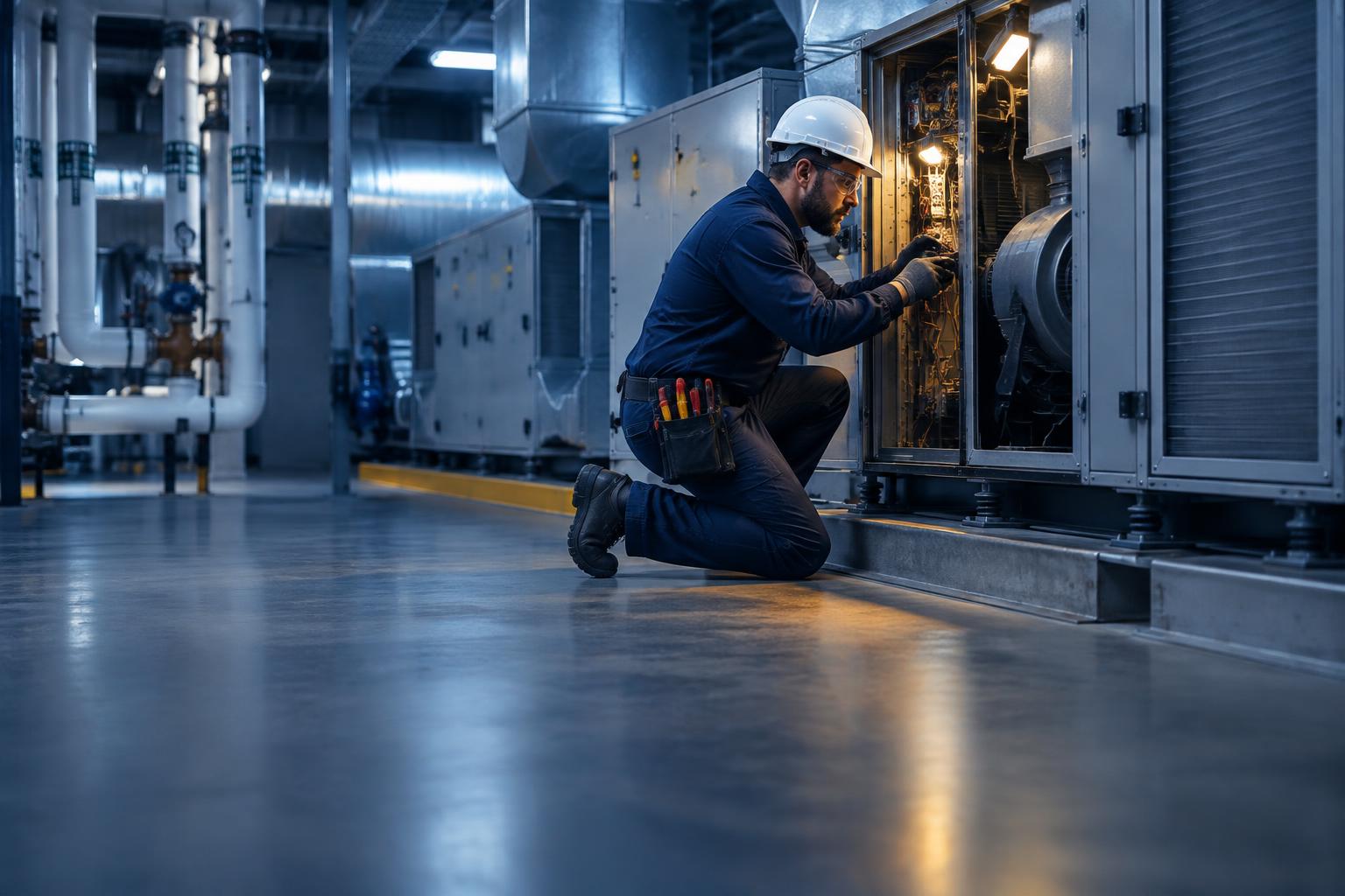 A building maintenance technician servicing a commercial HVAC system