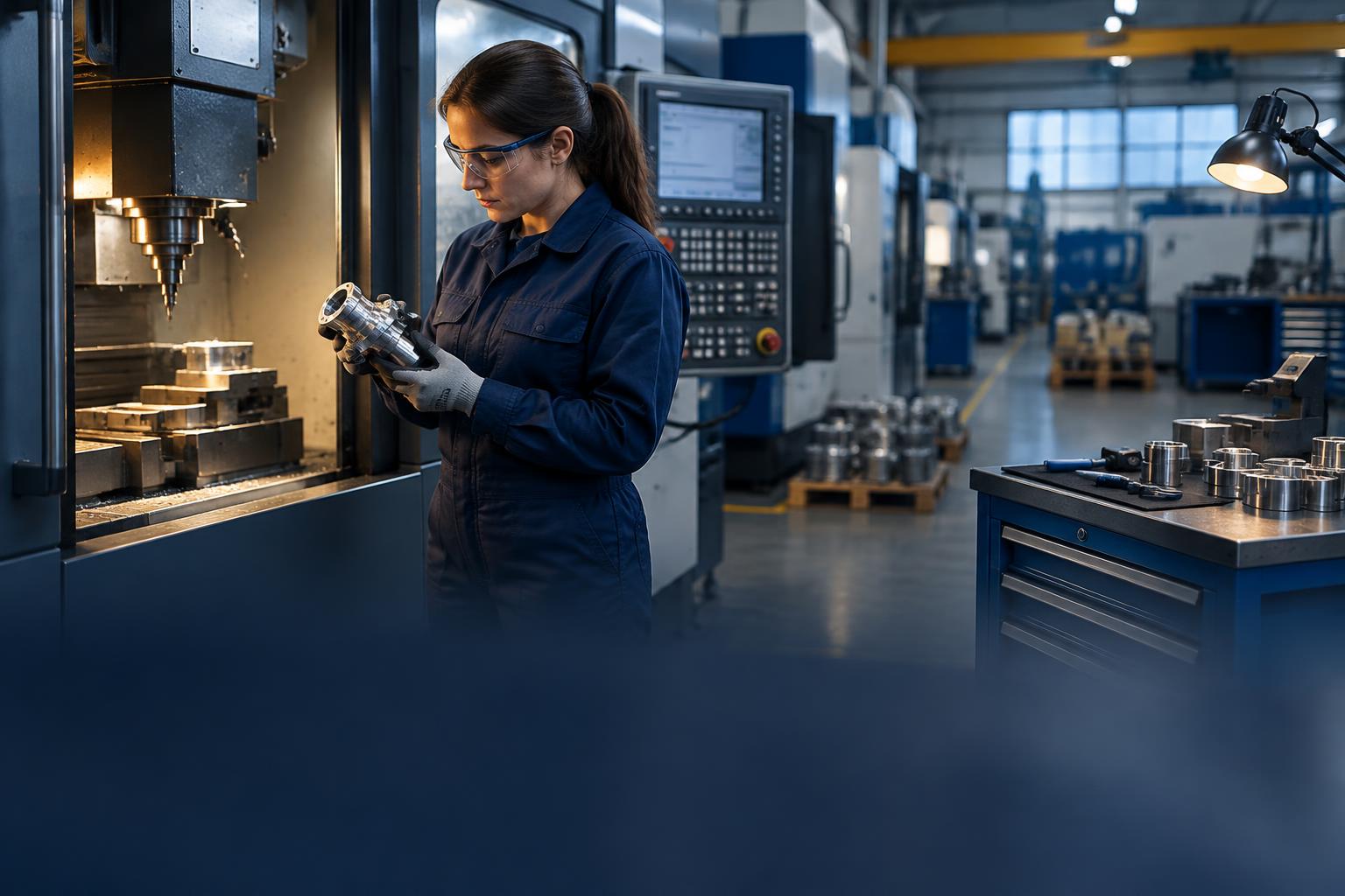 A CNC operator inspecting precision equipment on a modern manufacturing floor