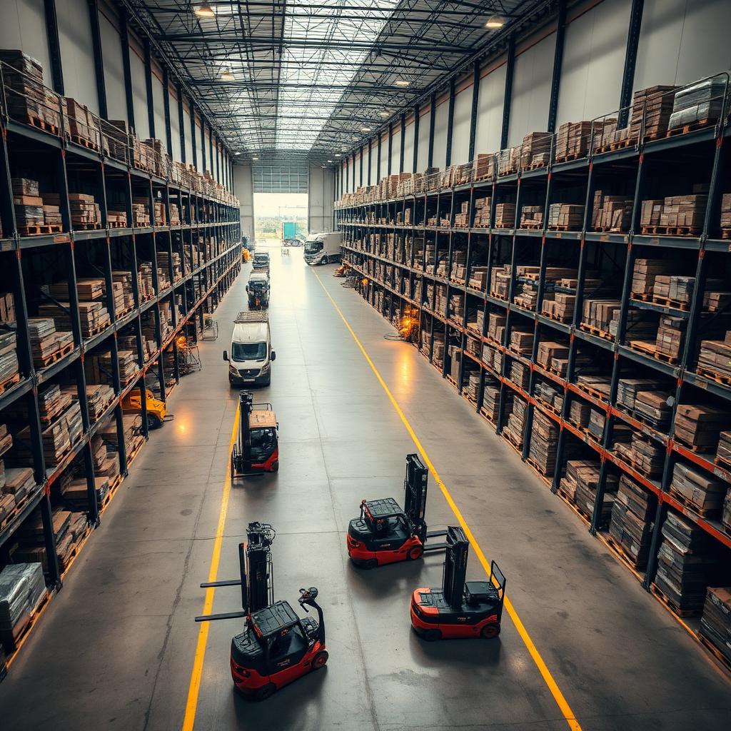 Forklift moving pallets inside a logistics warehouse